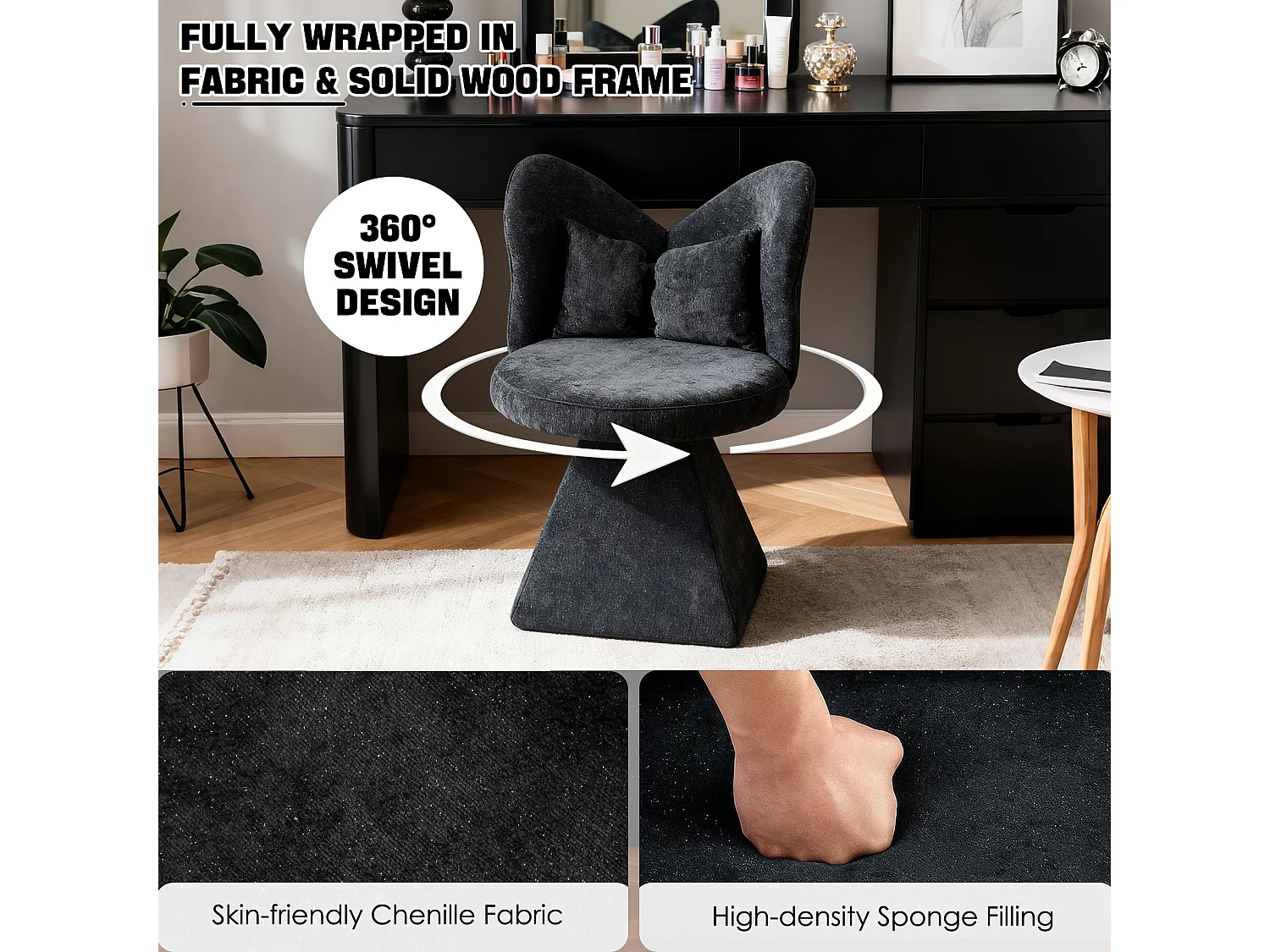 Chaise pivotant avec dossier en forme de papillon et soutien lombaire - Tissu noir