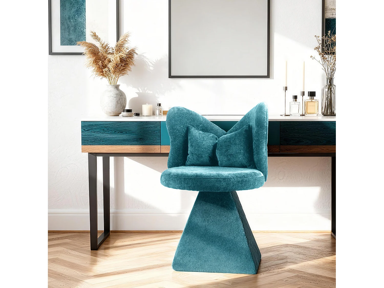 Chaise pivotant avec dossier en forme de papillon et soutien lombaire - Tissu bleu