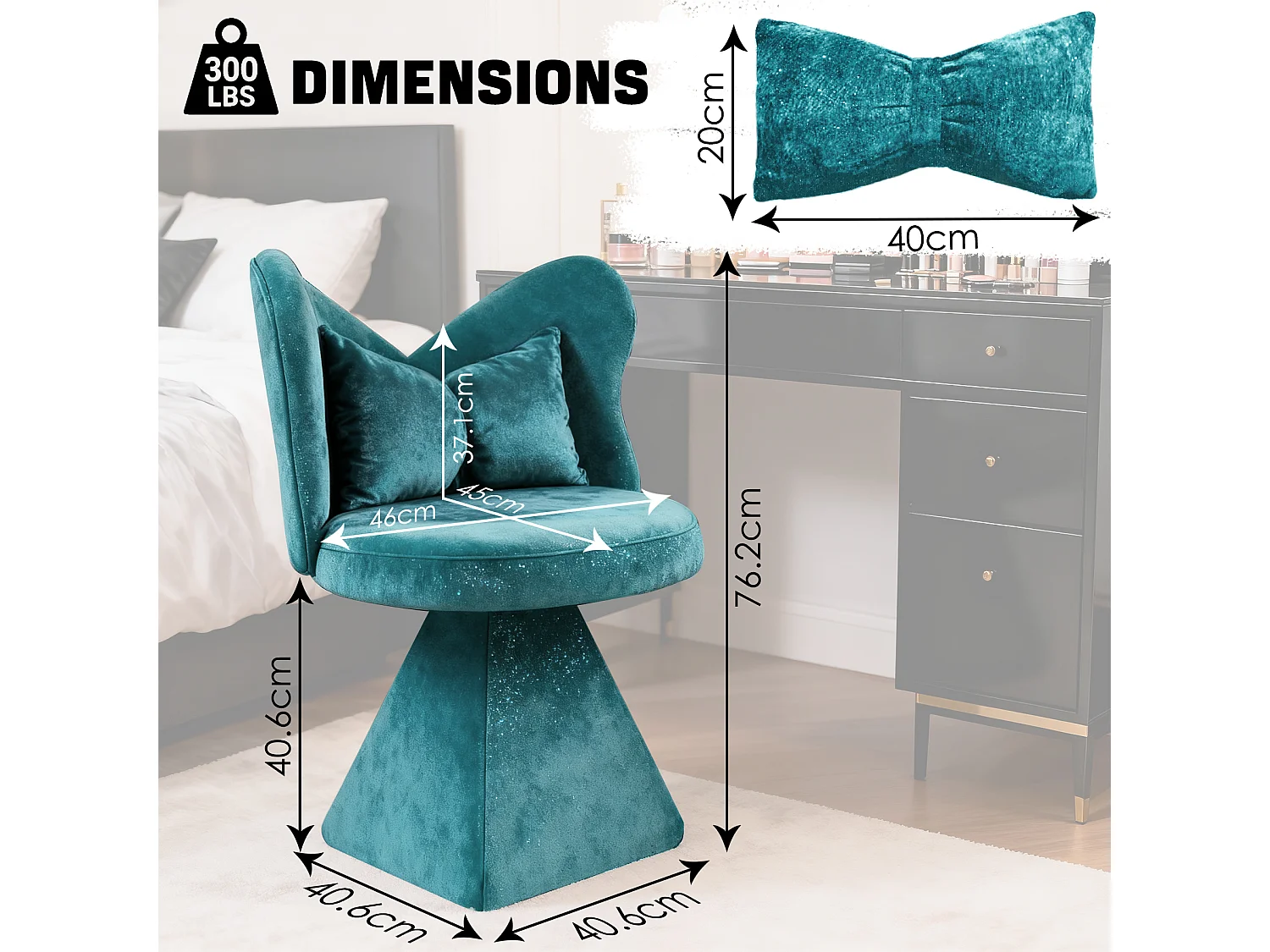 Chaise pivotant avec dossier en forme de papillon et soutien lombaire - Tissu bleu