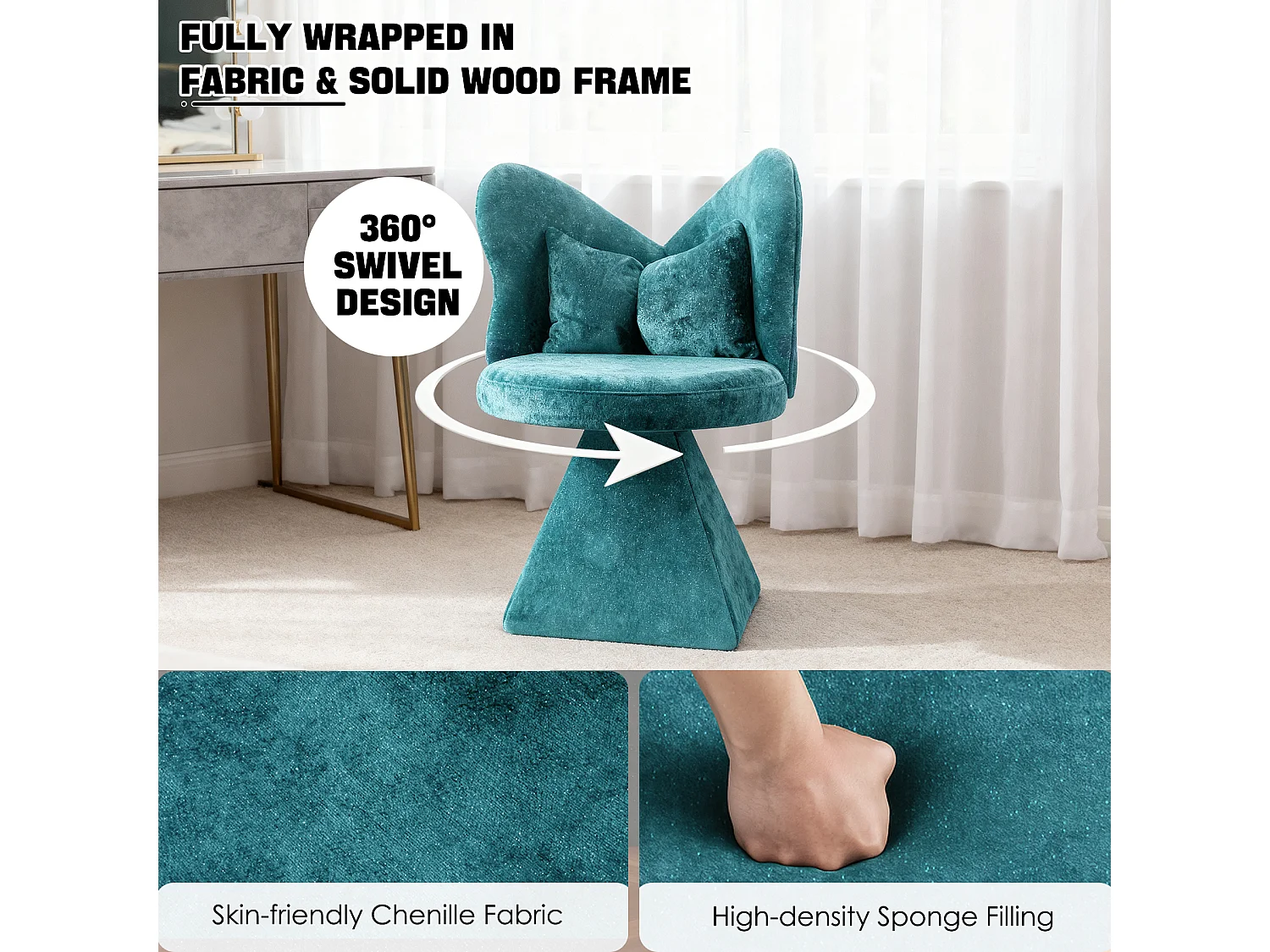 Chaise pivotant avec dossier en forme de papillon et soutien lombaire - Tissu bleu