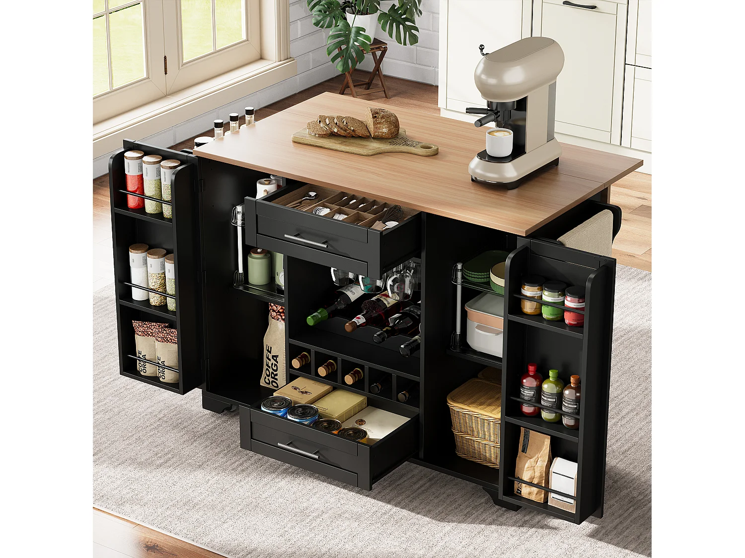 Isola cucina su ruote con 2 ante, 2 cassetti e portabottiglie - Nero - Legno MDF