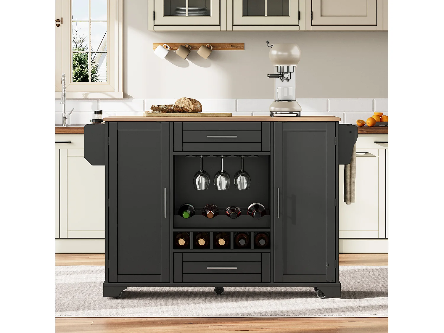Isola cucina su ruote con 2 ante, 2 cassetti e portabottiglie - Nero - Legno MDF