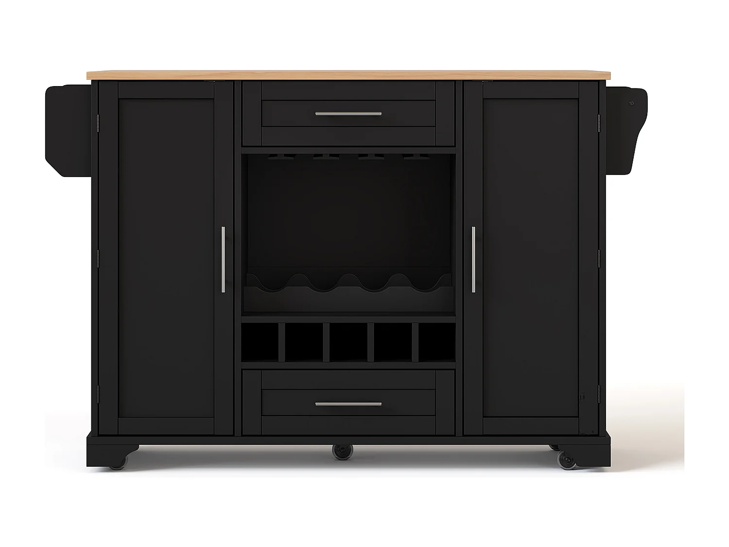 Isola cucina su ruote con 2 ante, 2 cassetti e portabottiglie - Nero - Legno MDF
