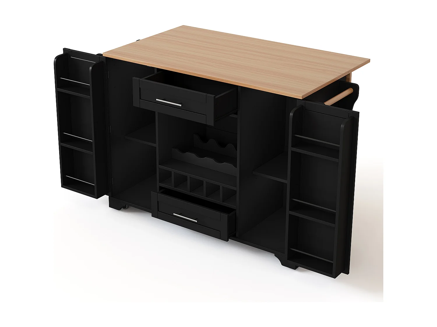 Isola cucina su ruote con 2 ante, 2 cassetti e portabottiglie - Nero - Legno MDF