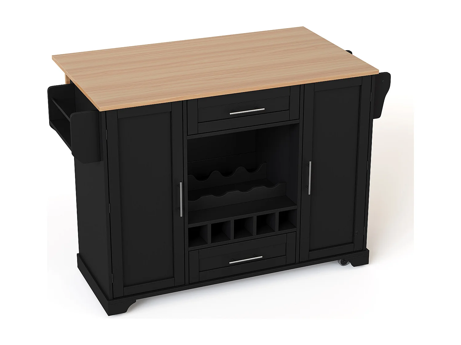 Isola cucina su ruote con 2 ante, 2 cassetti e portabottiglie - Nero - Legno MDF