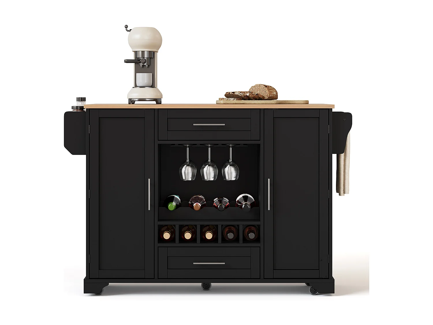 Isola cucina su ruote con 2 ante, 2 cassetti e portabottiglie - Nero - Legno MDF