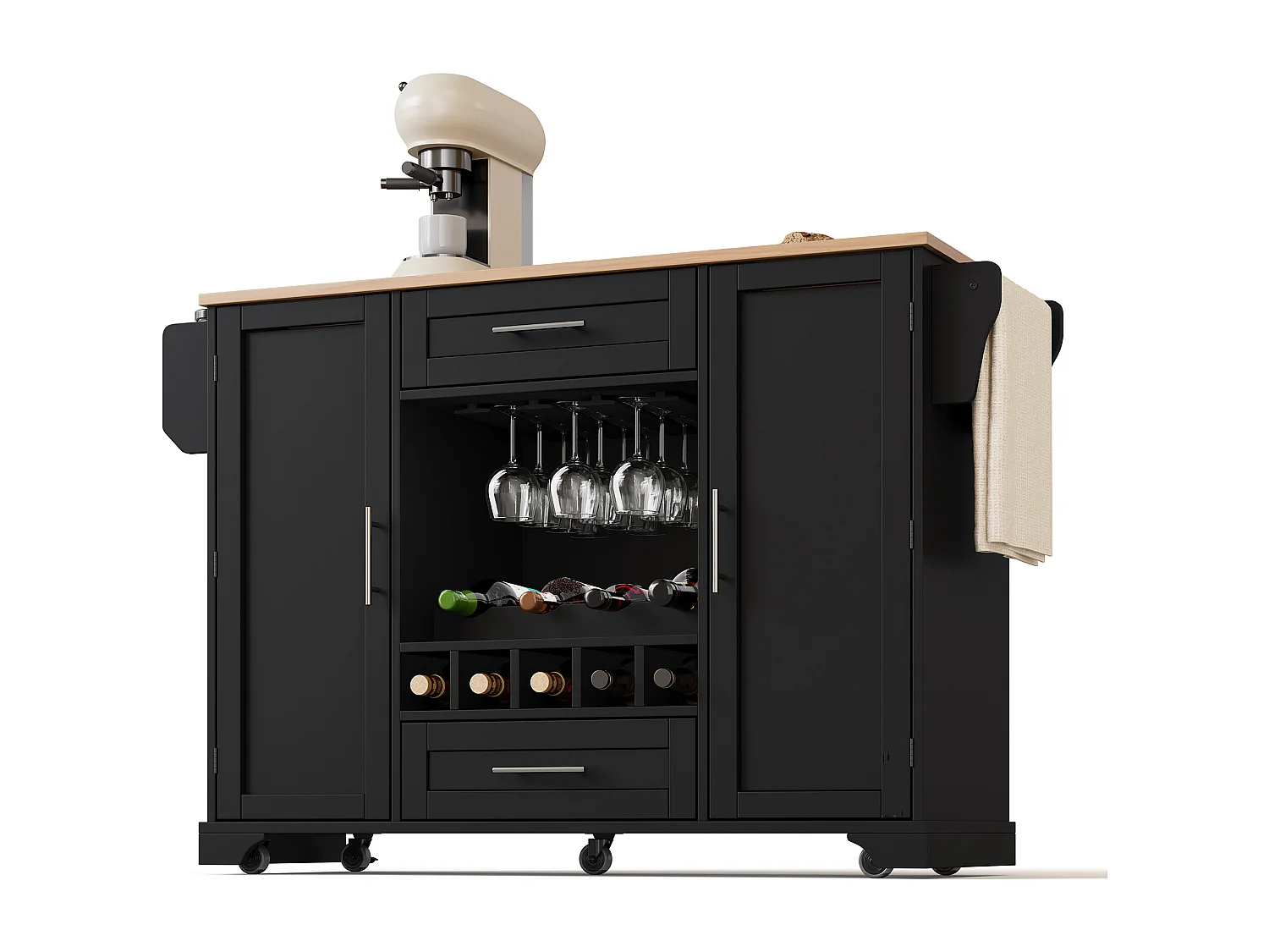 Isola cucina su ruote con 2 ante, 2 cassetti e portabottiglie - Nero - Legno MDF