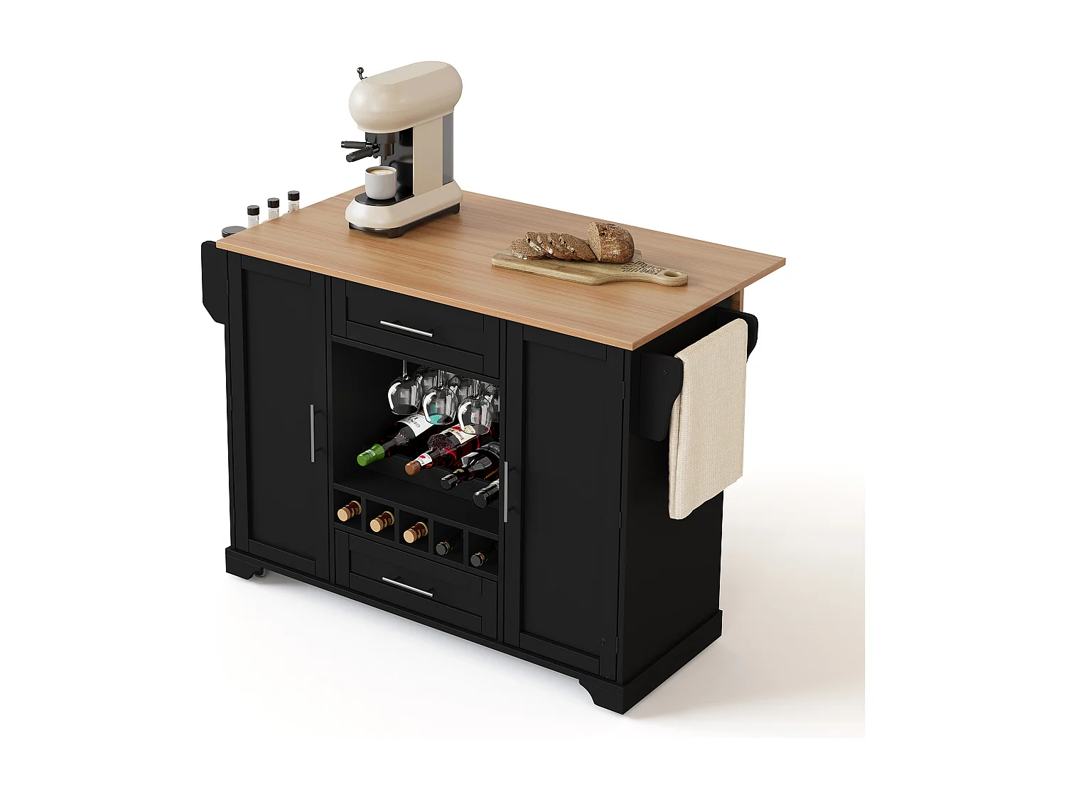 Isola cucina su ruote con 2 ante, 2 cassetti e portabottiglie - Nero - Legno MDF