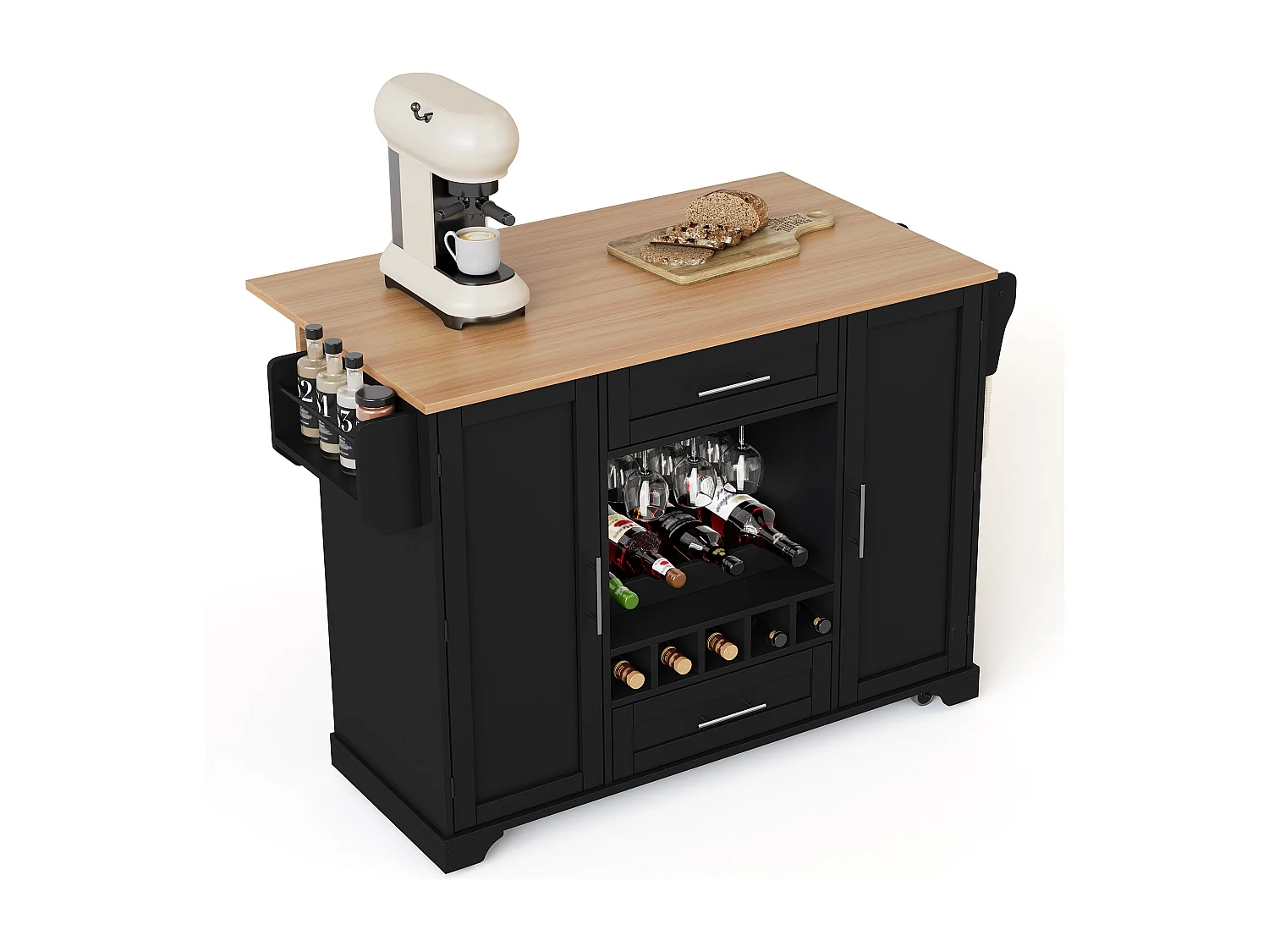 Isola cucina su ruote con 2 ante, 2 cassetti e portabottiglie - Nero - Legno MDF