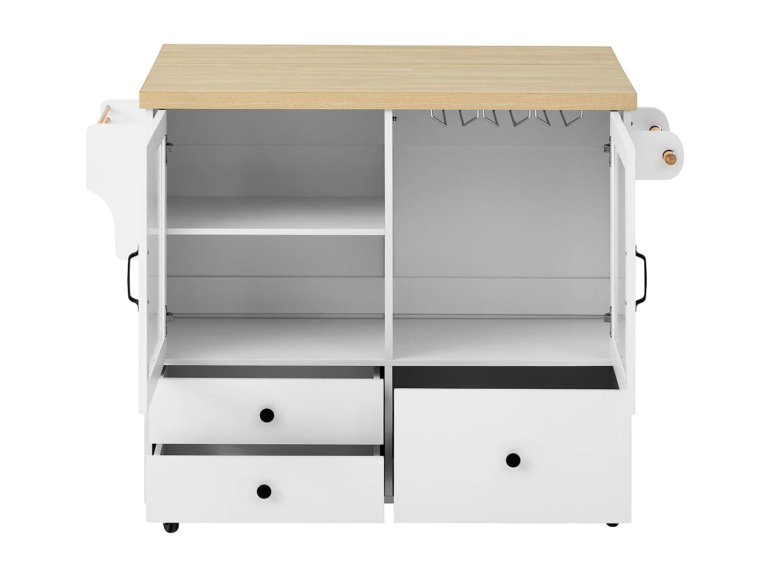 Isola cucina mobile con 2 ante in vetro e 3 cassetti - Tavolo allungabile - Bianco