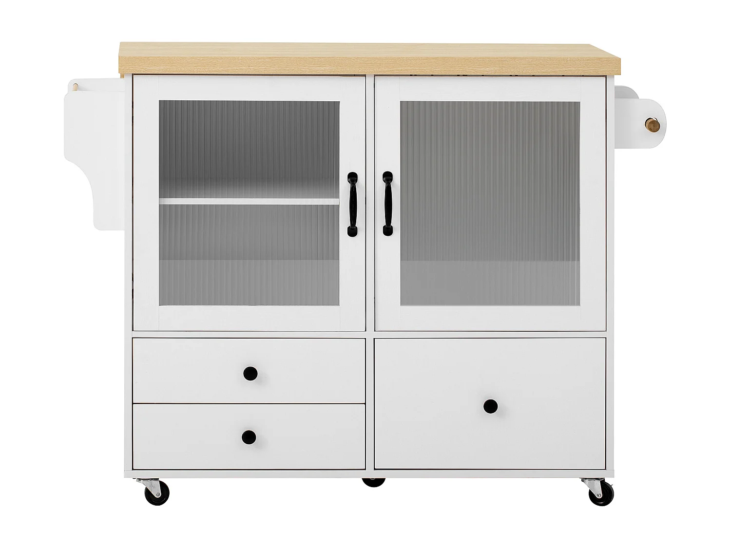 Isola cucina mobile con 2 ante in vetro e 3 cassetti - Tavolo allungabile - Bianco