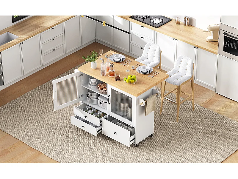 Isola cucina mobile con 2 ante in vetro e 3 cassetti - Tavolo allungabile - Bianco