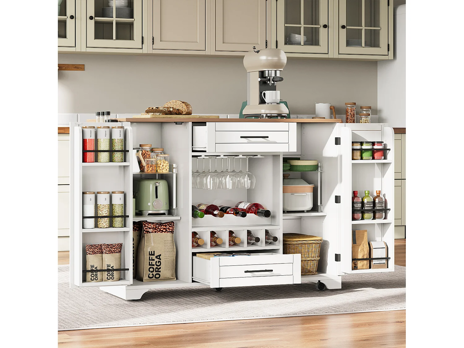 Isola cucina su ruote con 2 ante, 2 cassetti e portabottiglie - Bianco - Legno MDF