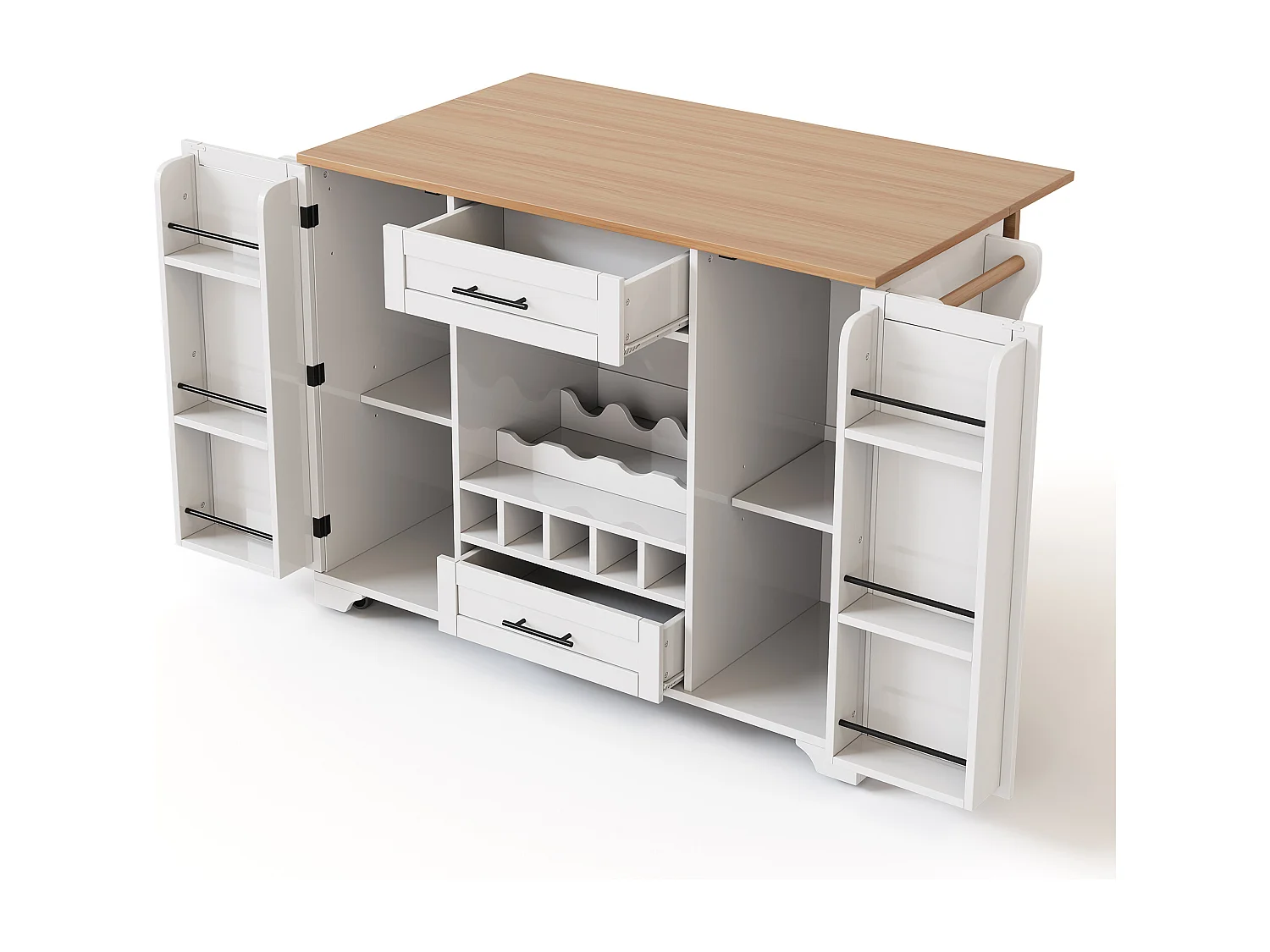 Isola cucina su ruote con 2 ante, 2 cassetti e portabottiglie - Bianco - Legno MDF