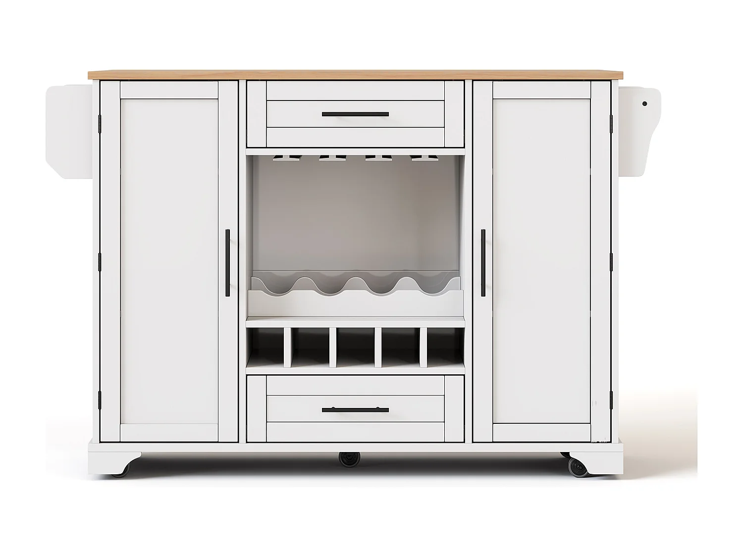 Isola cucina su ruote con 2 ante, 2 cassetti e portabottiglie - Bianco - Legno MDF