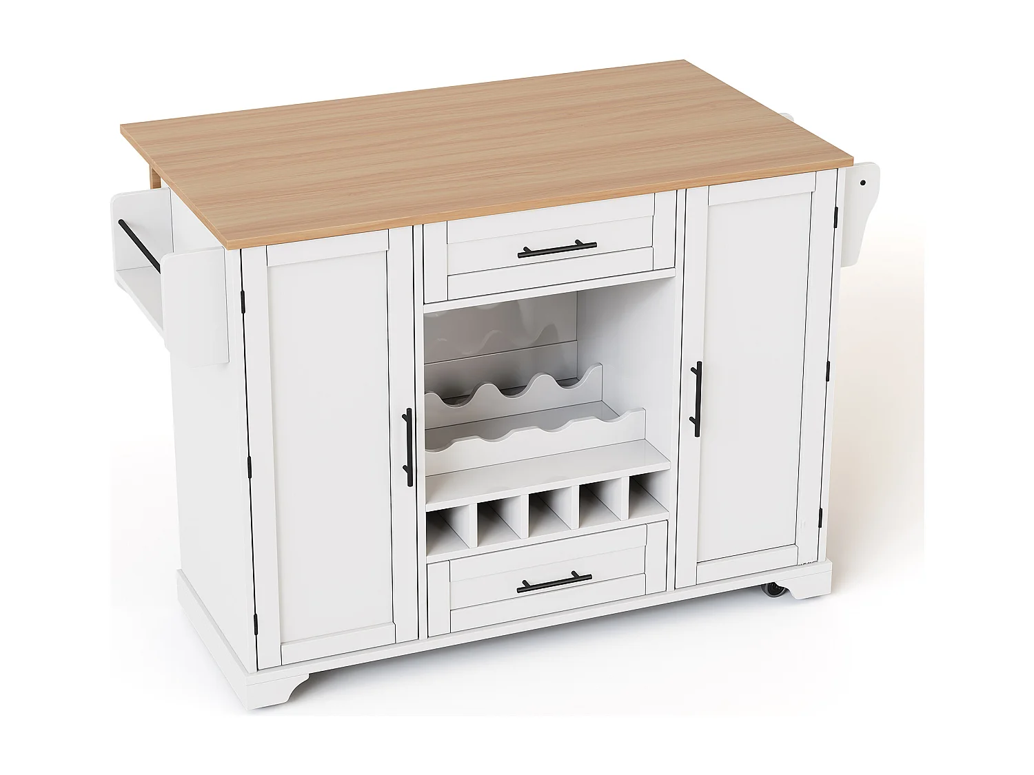 Isola cucina su ruote con 2 ante, 2 cassetti e portabottiglie - Bianco - Legno MDF
