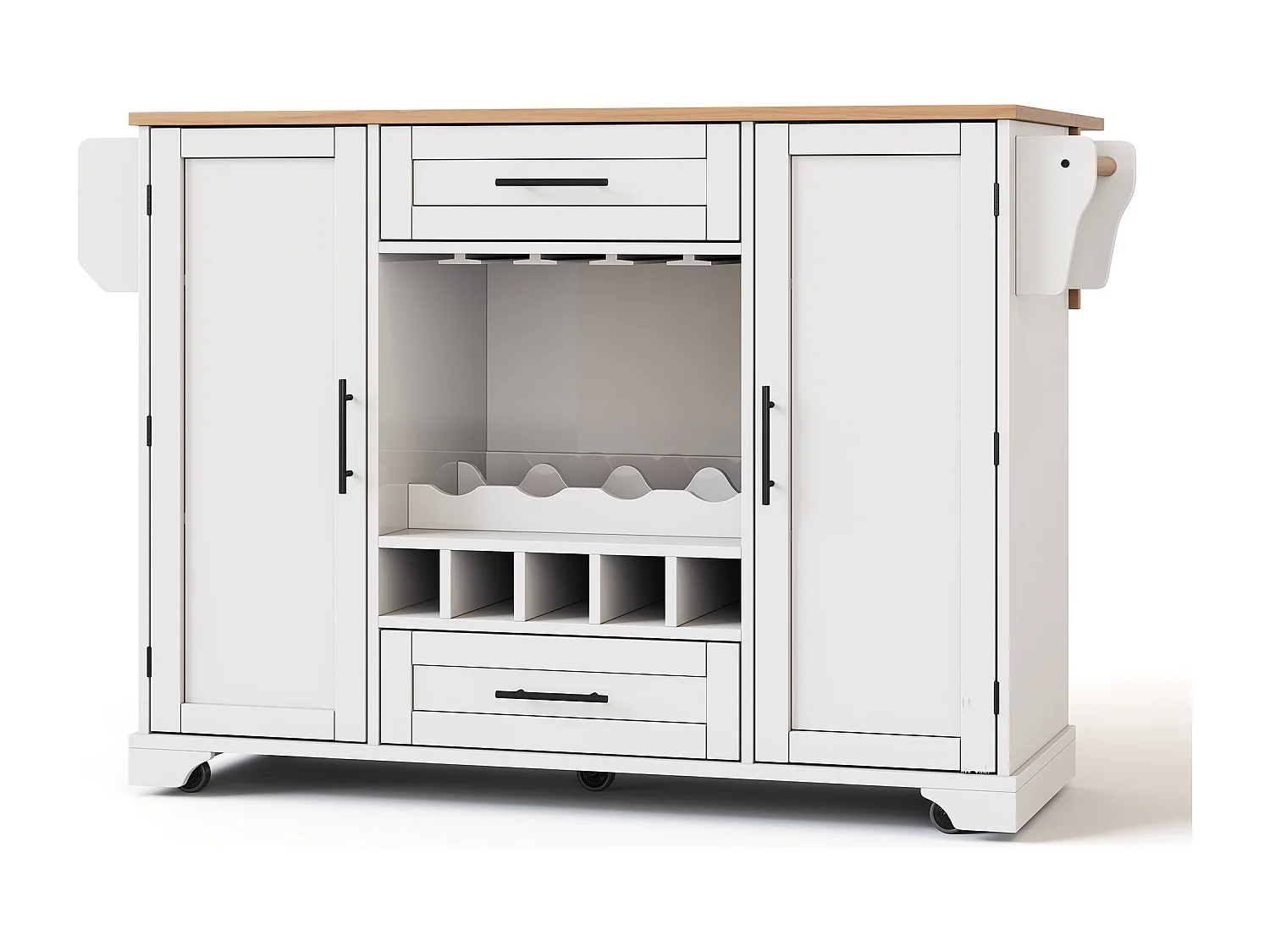 Isola cucina su ruote con 2 ante, 2 cassetti e portabottiglie - Bianco - Legno MDF