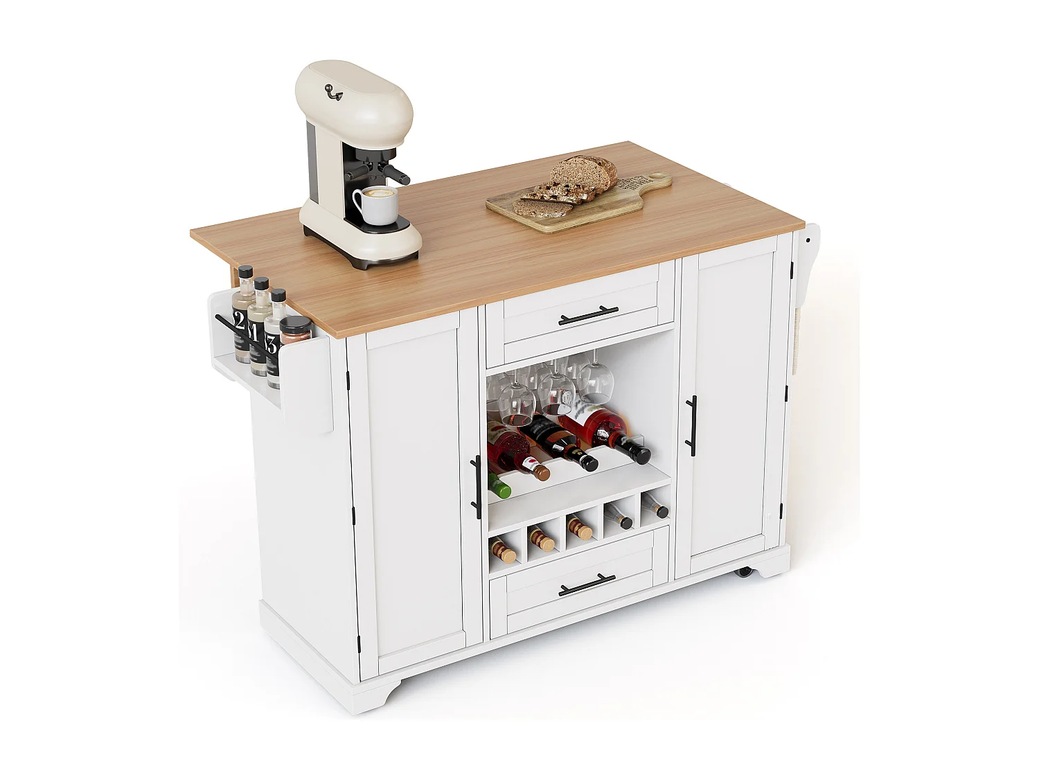 Isola cucina su ruote con 2 ante, 2 cassetti e portabottiglie - Bianco - Legno MDF