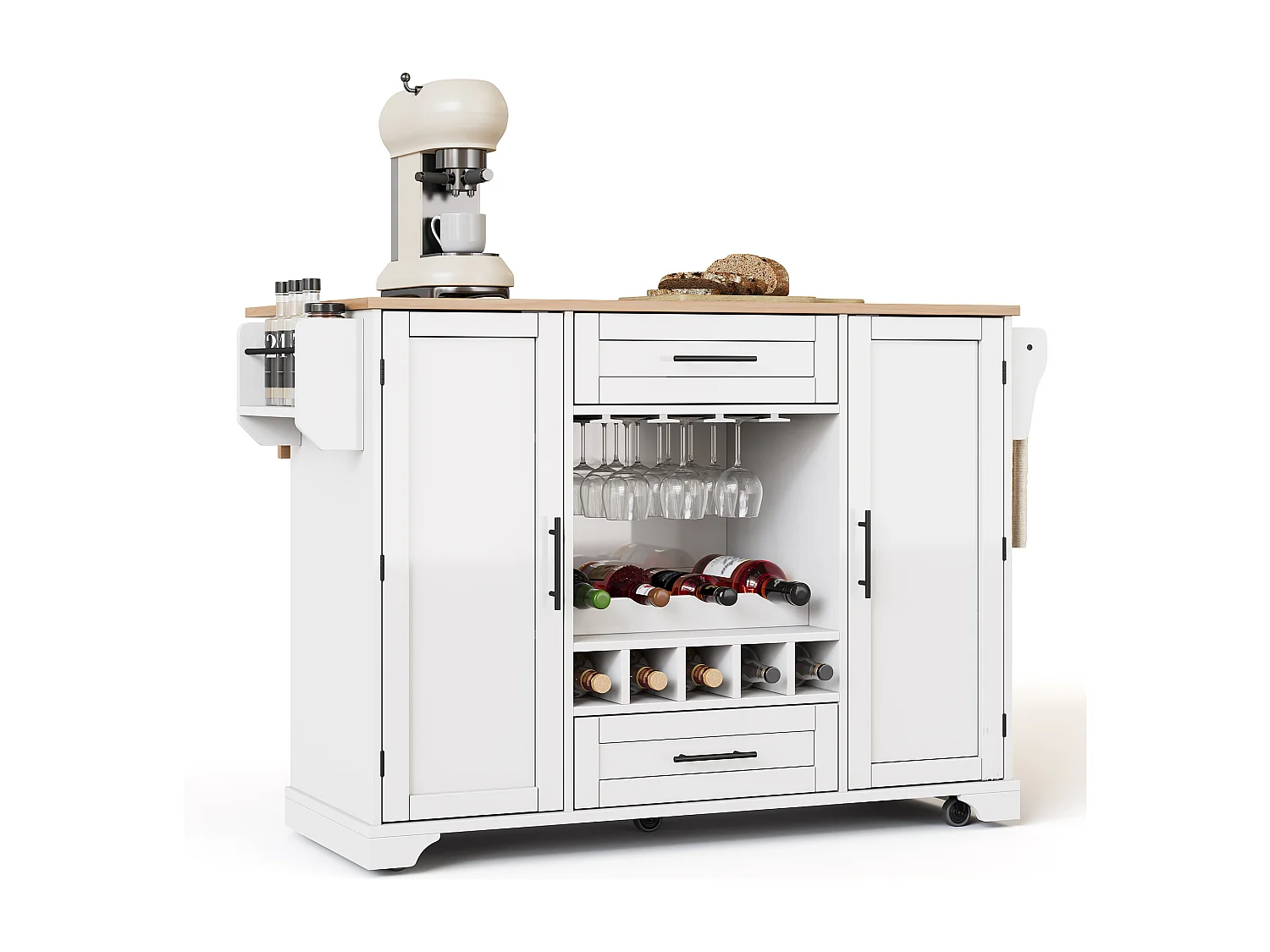 Isola cucina su ruote con 2 ante, 2 cassetti e portabottiglie - Bianco - Legno MDF