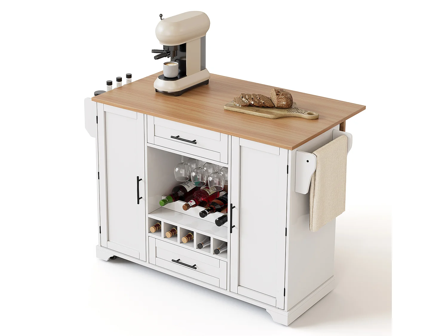 Isola cucina su ruote con 2 ante, 2 cassetti e portabottiglie - Bianco - Legno MDF