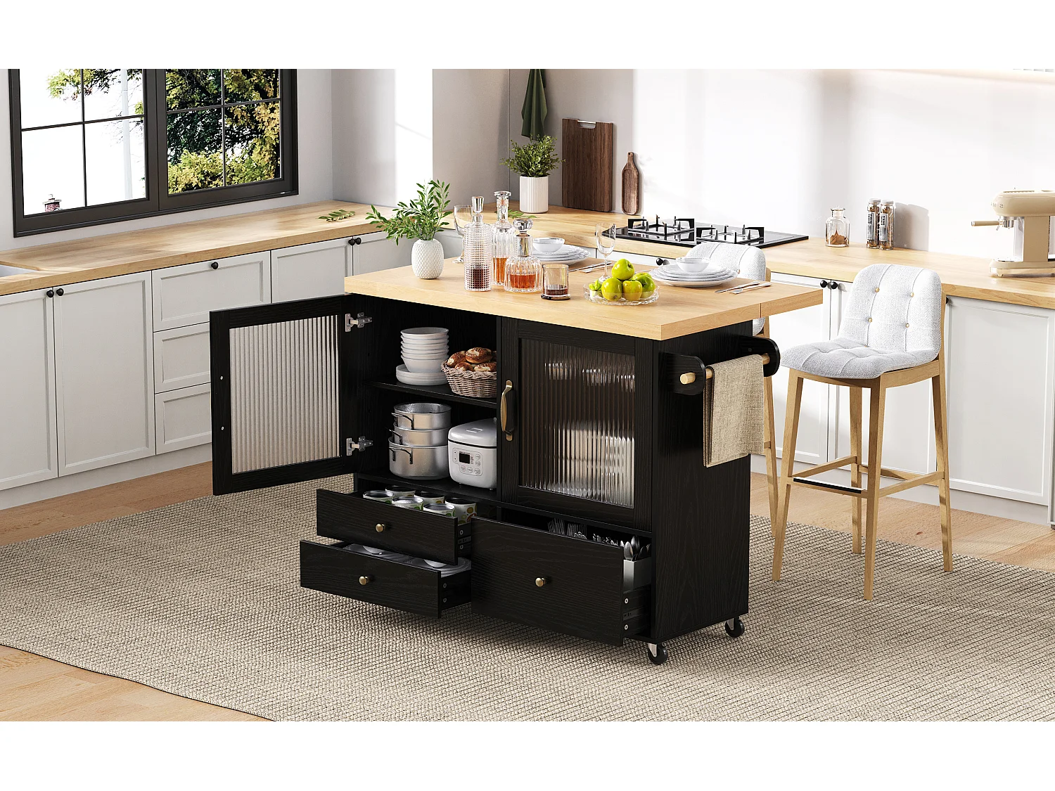 Isola cucina mobile con 2 ante in vetro e 3 cassetti - Tavolo allungabile - Nero