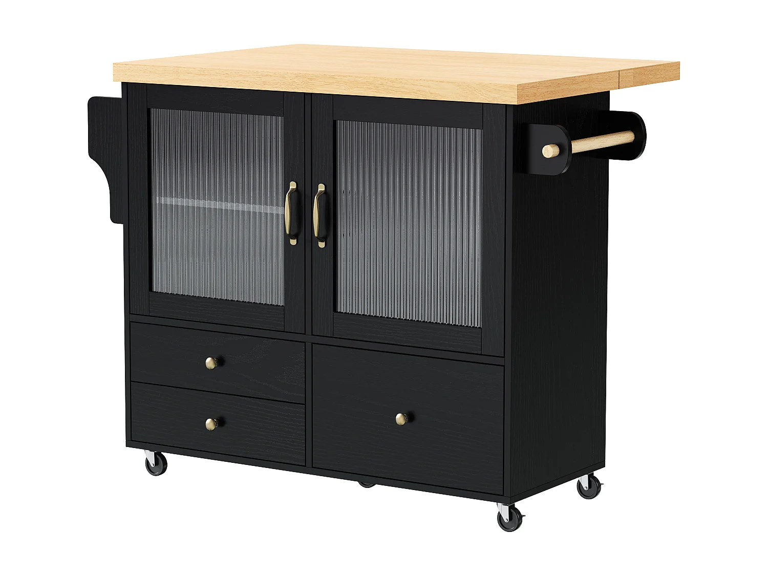 Isola cucina mobile con 2 ante in vetro e 3 cassetti - Tavolo allungabile - Nero