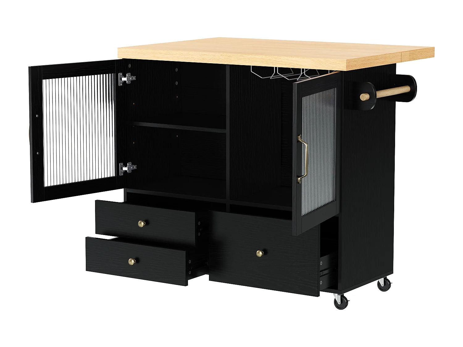 Isola cucina mobile con 2 ante in vetro e 3 cassetti - Tavolo allungabile - Nero