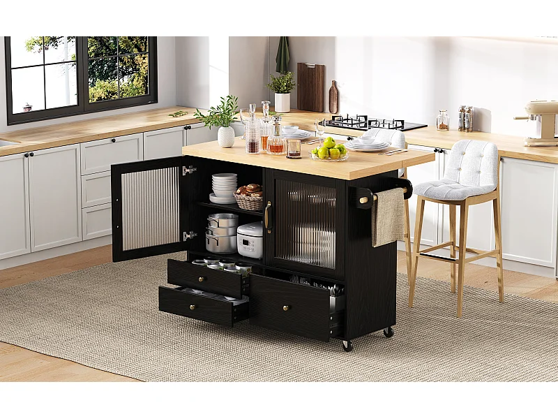 Isola cucina mobile con 2 ante in vetro e 3 cassetti - Tavolo allungabile - Nero