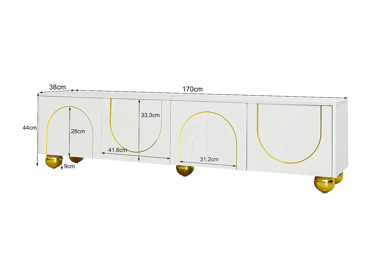 Mueble de TV con 4 puertas texturizadas - patas redondas doradas - madera PB