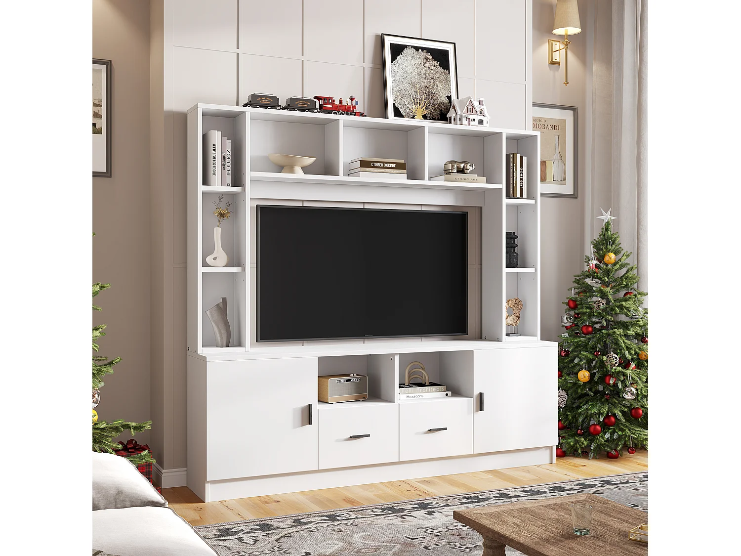 Móvel de parede branco para TV, 180 × 35 × 170 cm, com 2 armários, 2 gavetas, 11 nichos, vitrine e prateleiras.