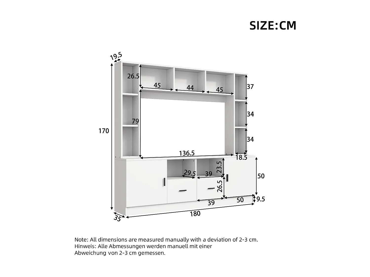 Móvel de parede branco para TV, 180 × 35 × 170 cm, com 2 armários, 2 gavetas, 11 nichos, vitrine e prateleiras.