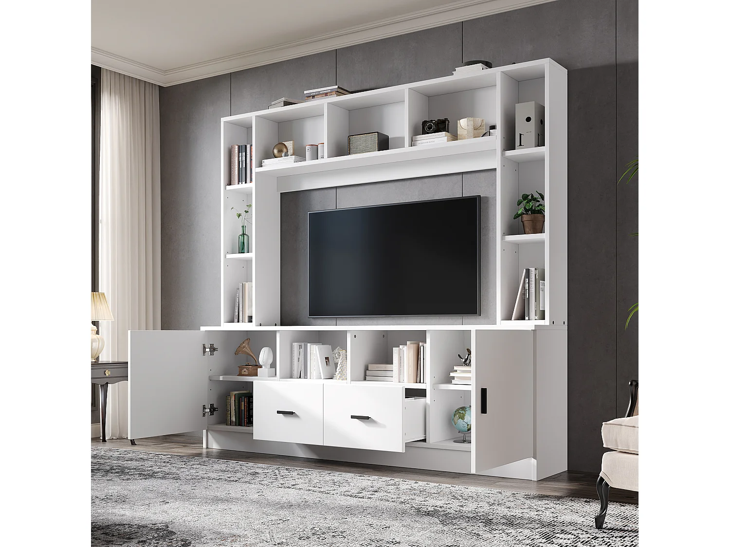 Móvel de parede branco para TV, 180 × 35 × 170 cm, com 2 armários, 2 gavetas, 11 nichos, vitrine e prateleiras.