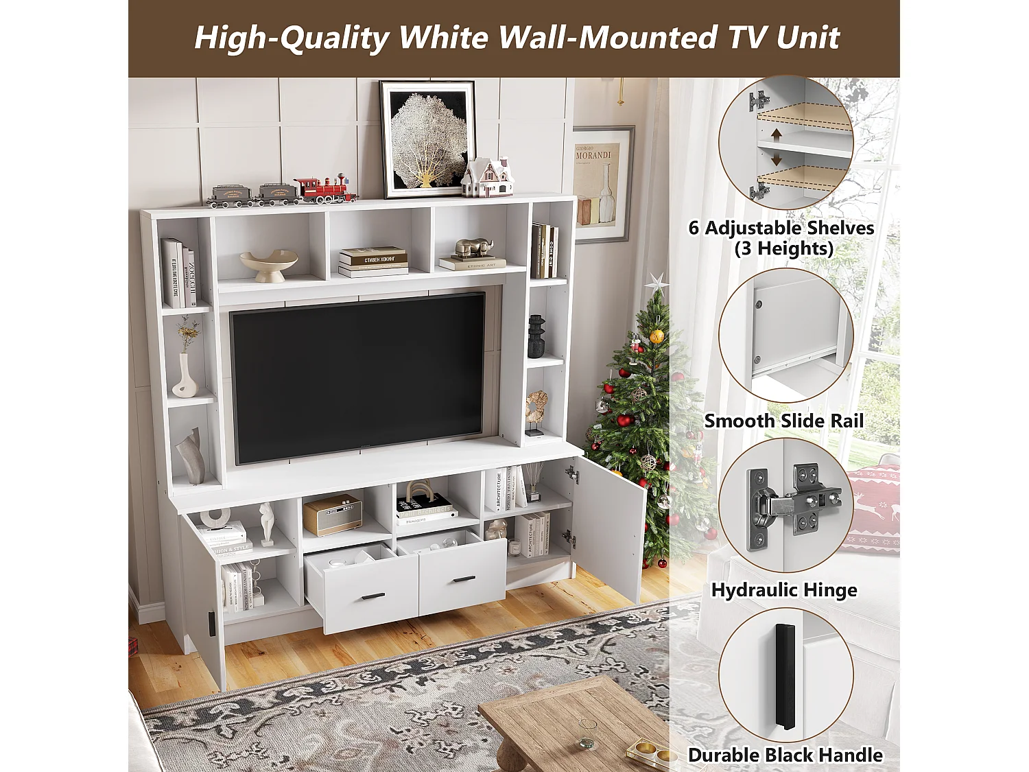 Móvel de parede branco para TV, 180 × 35 × 170 cm, com 2 armários, 2 gavetas, 11 nichos, vitrine e prateleiras.