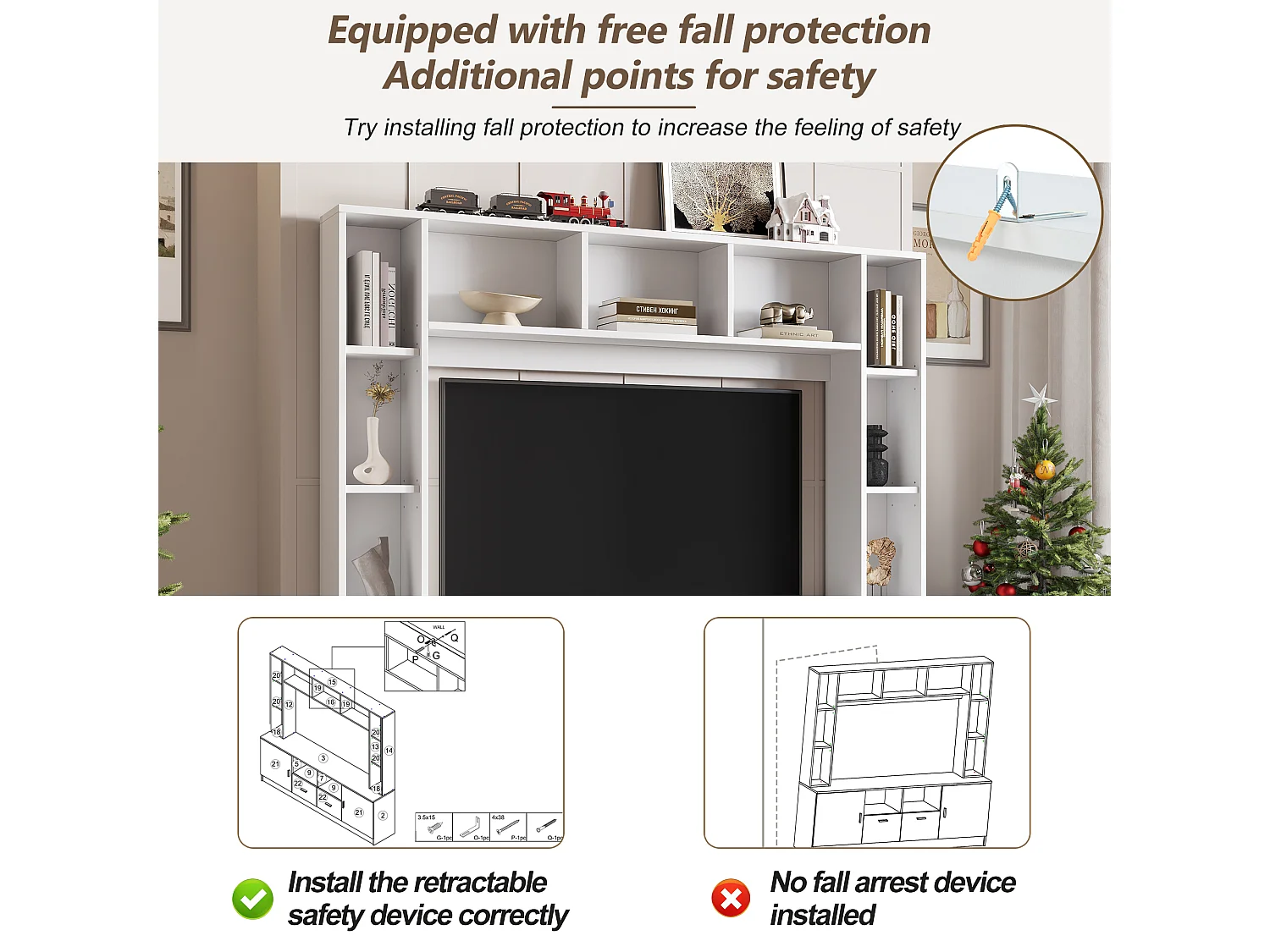 Móvel de parede branco para TV, 180 × 35 × 170 cm, com 2 armários, 2 gavetas, 11 nichos, vitrine e prateleiras.