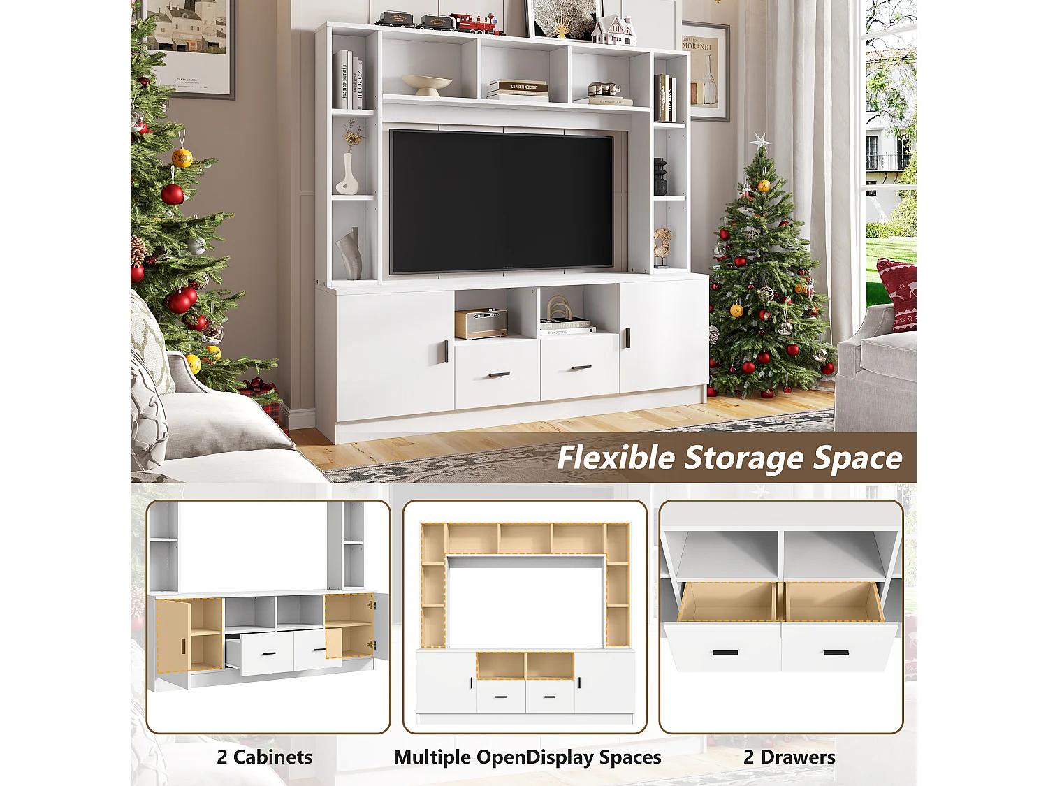 Móvel de parede branco para TV, 180 × 35 × 170 cm, com 2 armários, 2 gavetas, 11 nichos, vitrine e prateleiras.