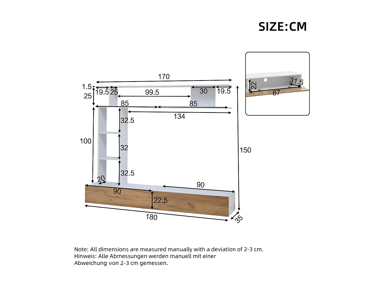 Ensemble mur TV 180 × 35 × 22,5 cm blanc et bois, vitrine, lowboard, étagères, pour TV jusqu’à 80"