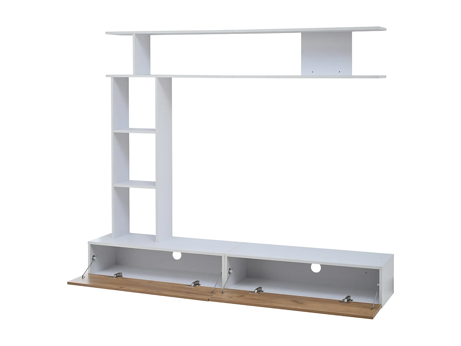 Ensemble mur TV 180 × 35 × 22,5 cm blanc et bois, vitrine, lowboard, étagères, pour TV jusqu’à 80"