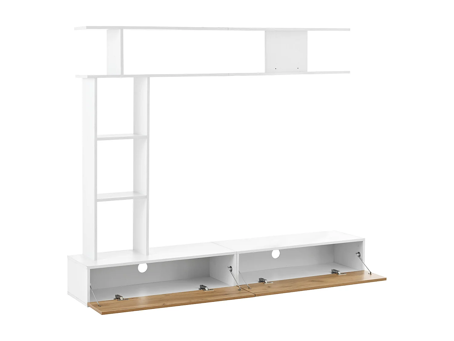 Ensemble mur TV 180 × 35 × 22,5 cm blanc et bois, vitrine, lowboard, étagères, pour TV jusqu’à 80"