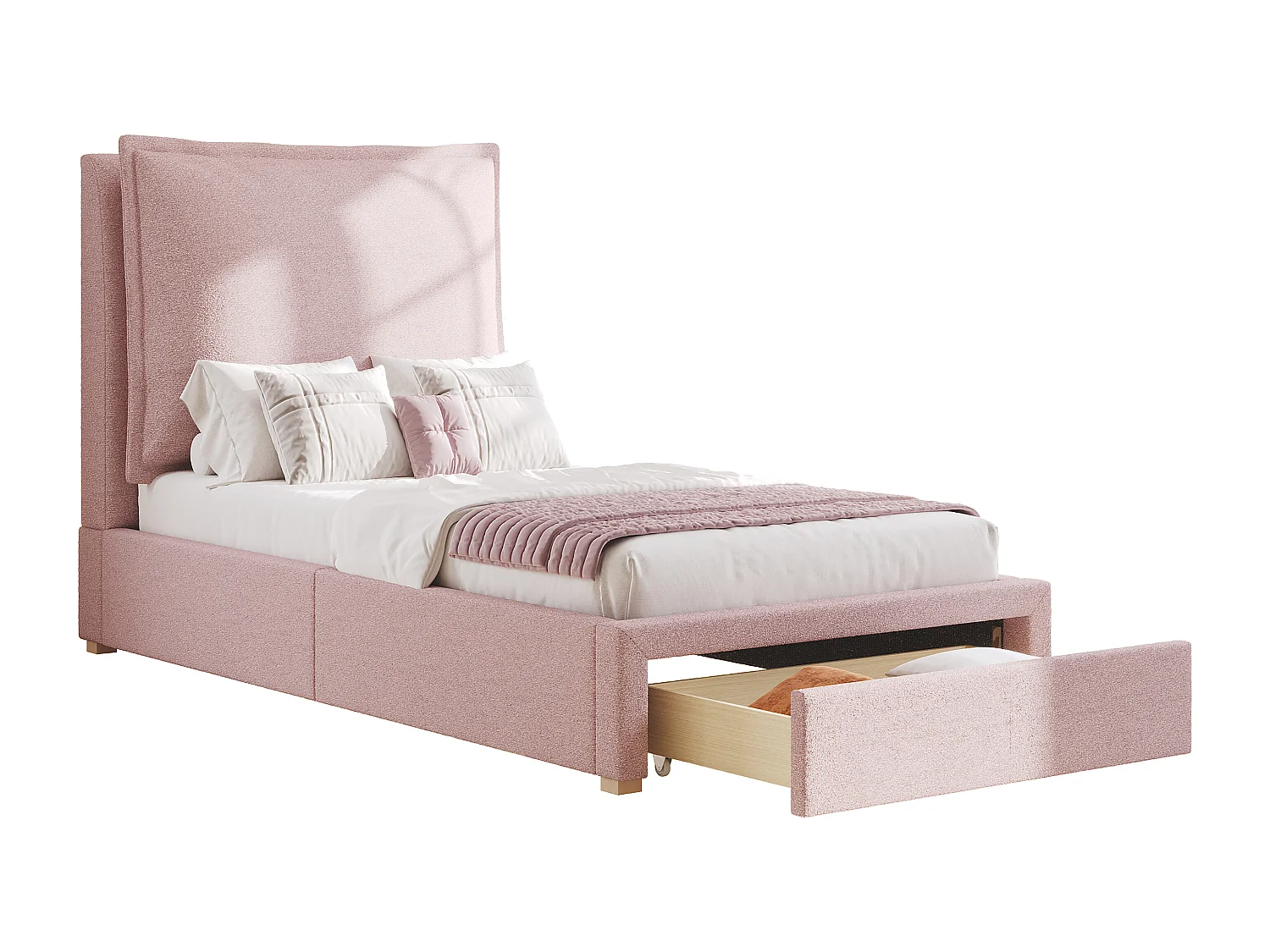 Lit simple 90x200cm avec tiroir et tête de lit rembourrée - Tissu chenille rose