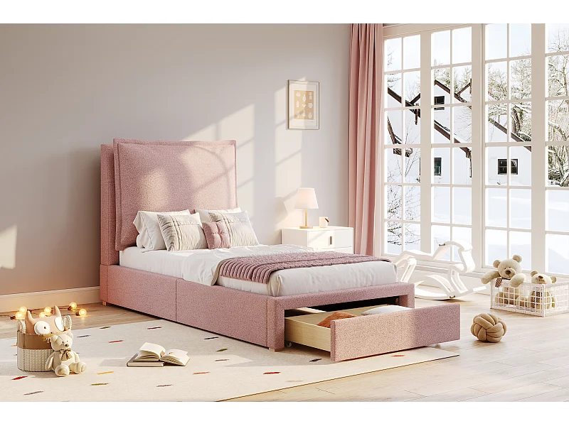 Lit simple 90x200cm avec tiroir et tête de lit rembourrée - Tissu chenille rose