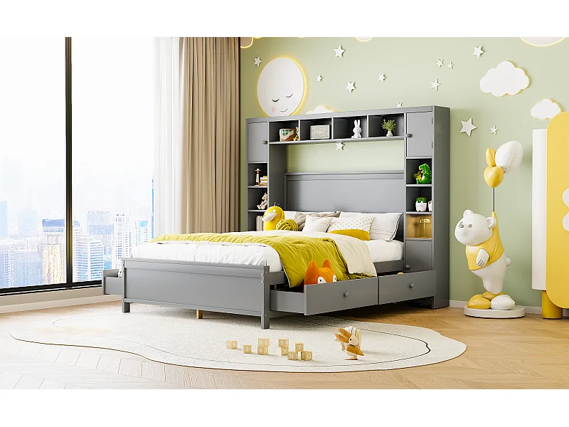 Lit adulte 140x200cm avec 4 tiroirs et grand placard de rangement - Bois gris