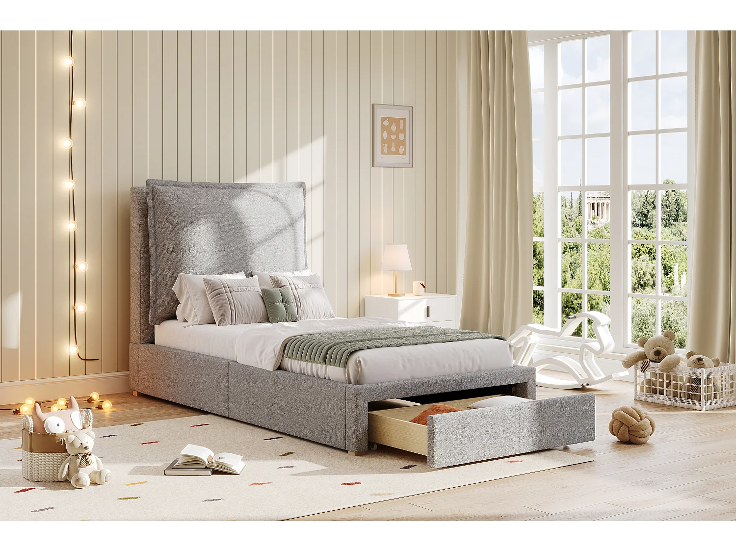 Lit simple 90x200cm avec tiroir et tête de lit rembourrée - Tissu chenille gris