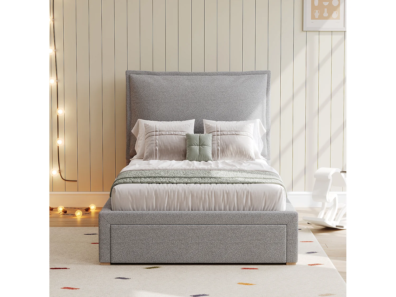 Lit simple 90x200cm avec tiroir et tête de lit rembourrée - Tissu chenille gris