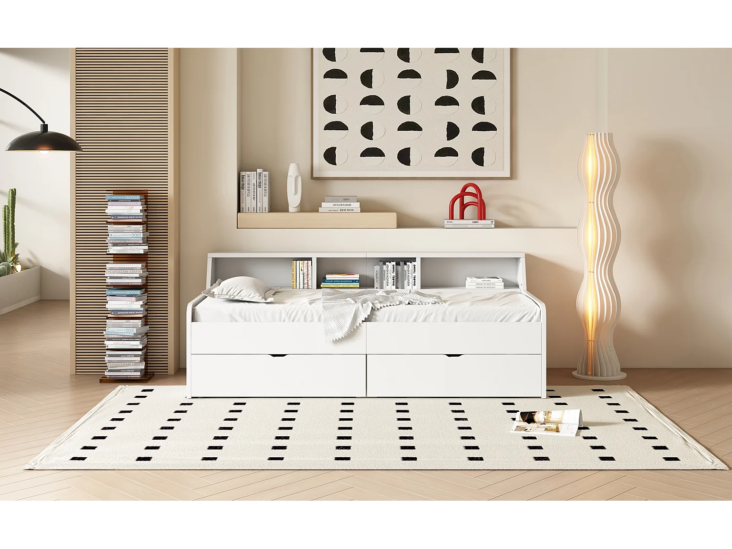 Eenpersoons slaapbank 90 x 200 cm met 2 lades - Dennenhout en MDF - Wit