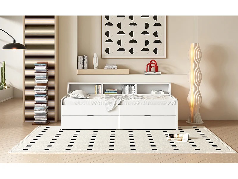 Eenpersoons slaapbank 90 x 200 cm met 2 lades - Dennenhout en MDF - Wit