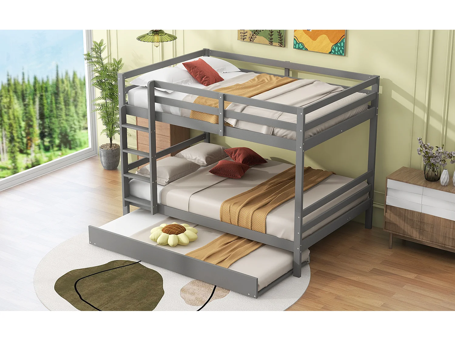 Lit superposé 140x200 cm avec lit gigogne 90x190 cm- Lit enfant en bois pin et MDF - Gris