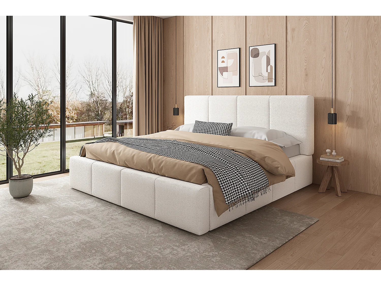 Letto matrimoniale 180 x 200 cm con testiera imbottita - Letto per adulti - Tessuto bouclé beige