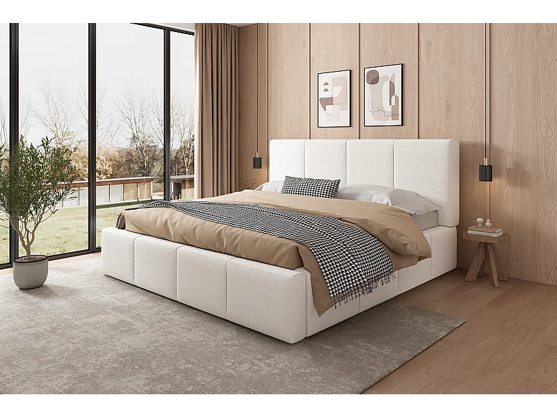 Letto matrimoniale 180 x 200 cm con testiera imbottita - Letto per adulti - Tessuto bouclé beige