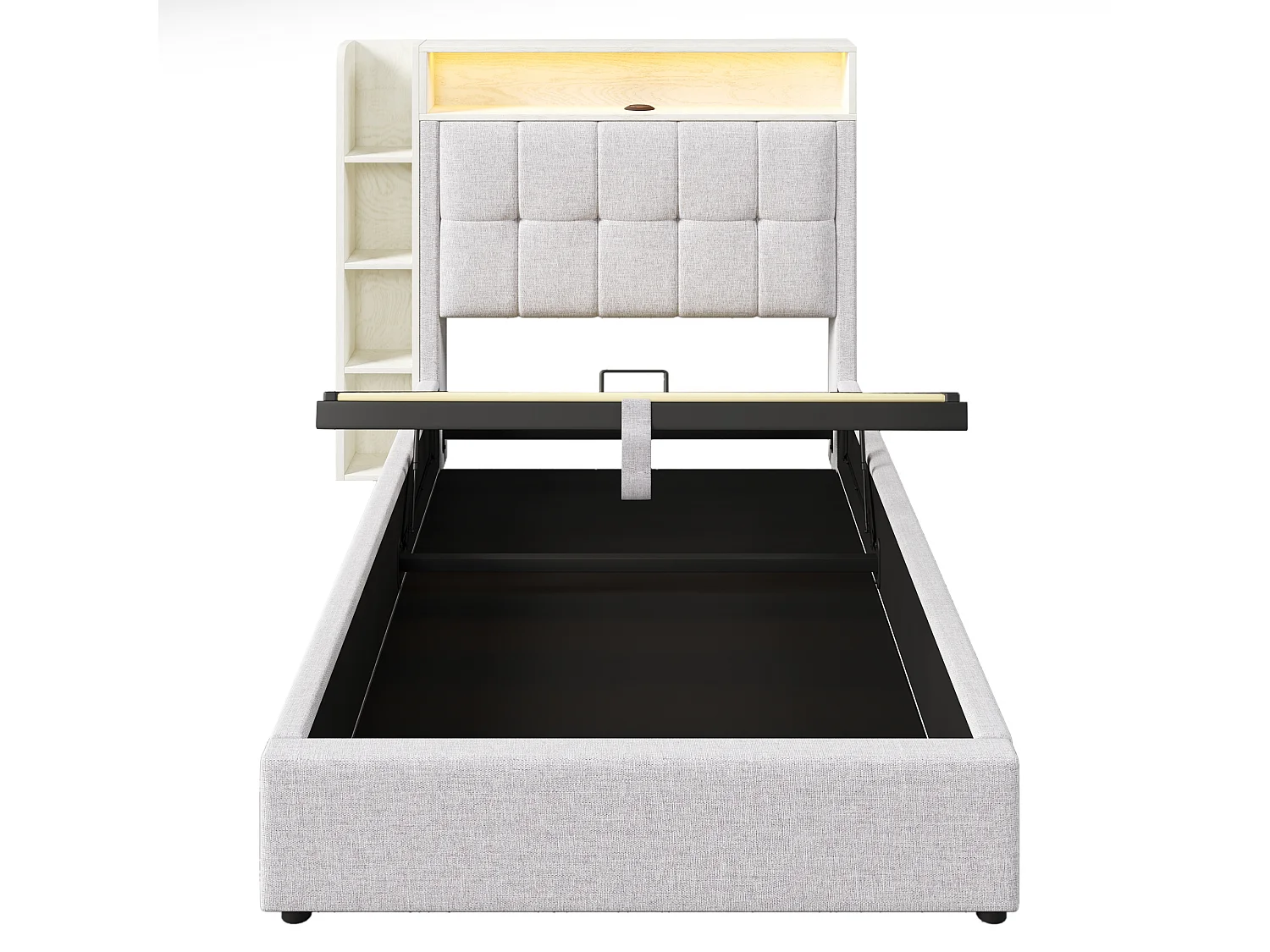 Lit coffre 90x200 cm avec LED, USB ,Type-C et rangement - Tissu lin beige