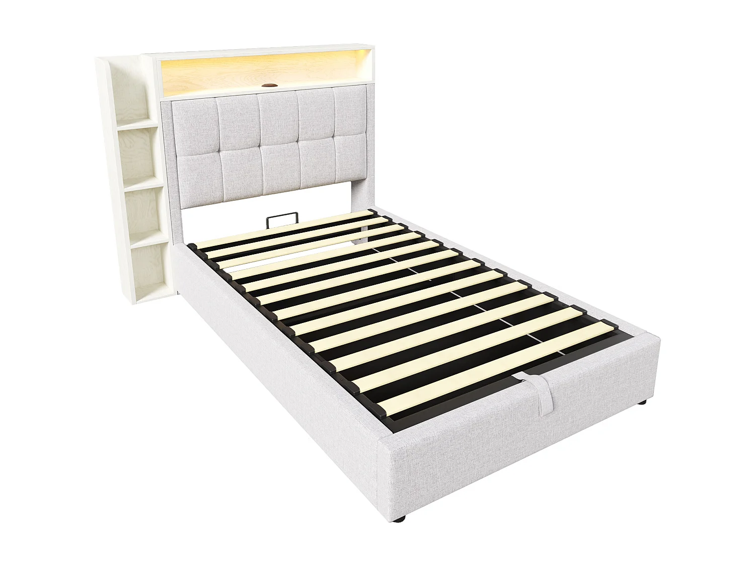 Lit coffre 90x200 cm avec LED, USB ,Type-C et rangement - Tissu lin beige